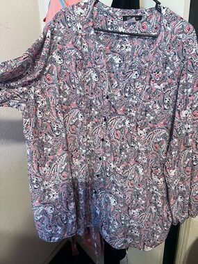 Paisley Button-Up Blouse in Pink, Black & White
